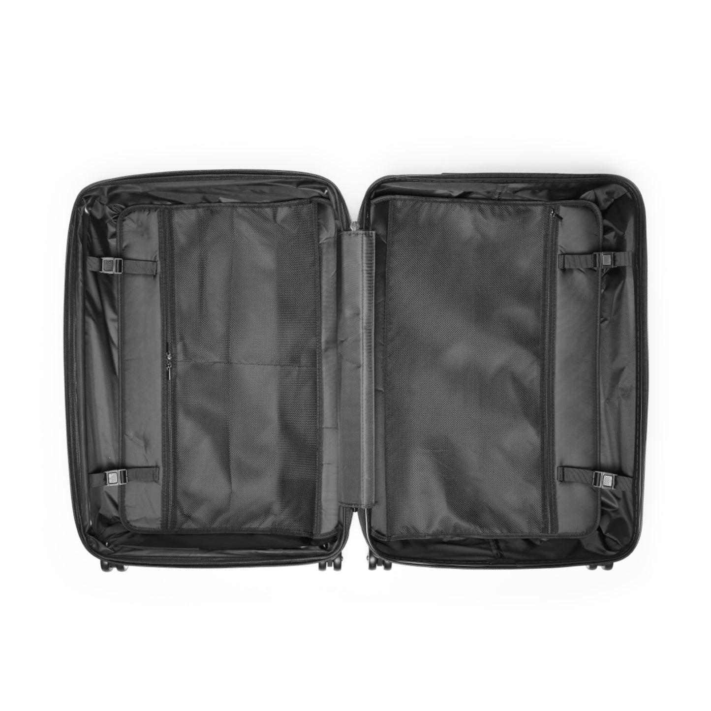 Interior of Panther & Palm giraffe print suitcase featuring zippered mesh compartments and adjustable packing straps for organized travel.
