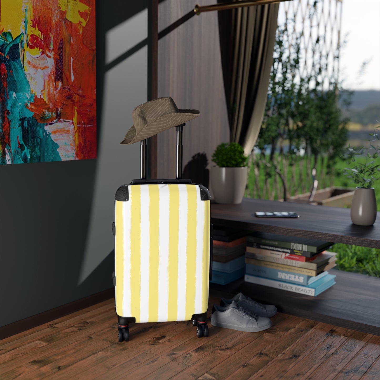Butter Yellow Striped Spinner Luggage