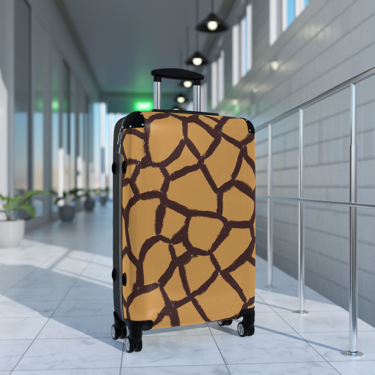Panther & Palm giraffe print medium size hard shell durable spinner suitcase positioned in a modern airport terminal, ready for travel.
