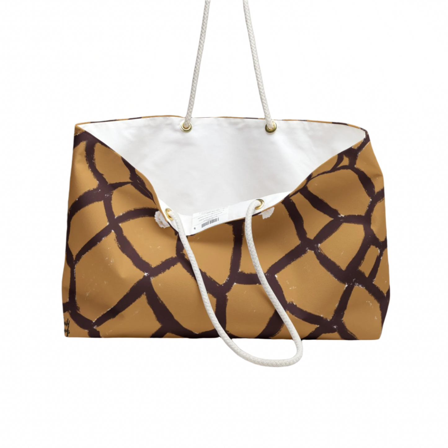 Elegant, lightweight giraffe print tote bag with cotton interior lining, ideal for resort stays and coastal adventures.