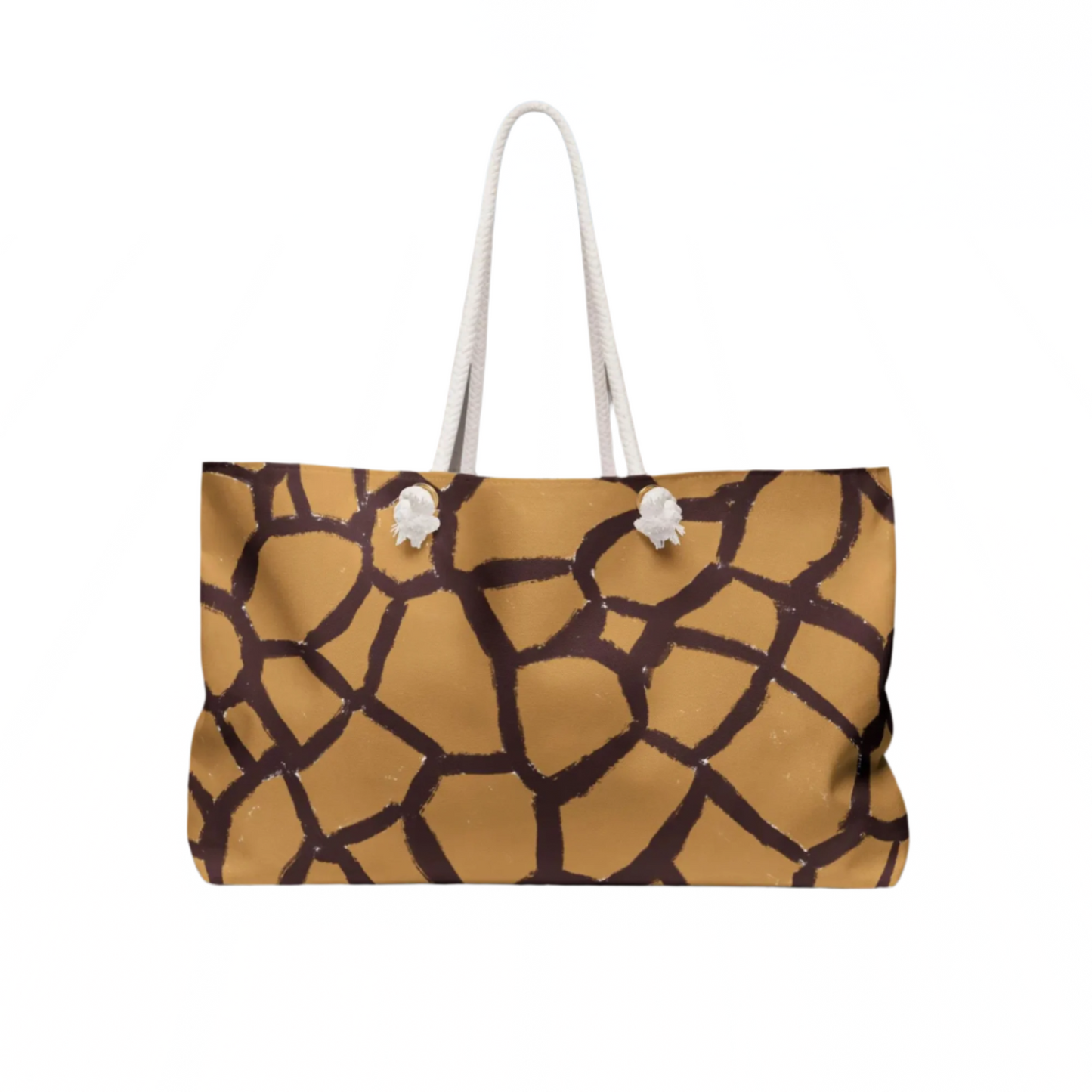 Vintage-inspired giraffe print weekender bag with cream rope handles by Panther & Palm, styled for beach vacations and summer getaways