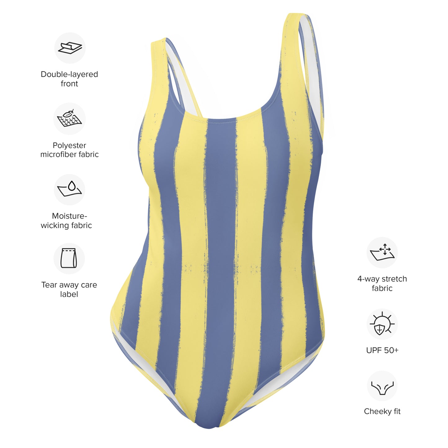 Panther & Palm striped one-piece swimsuit product features: four-way stretch, moisture-wicking fabric, double-layered front, and UPF 50+ sun protection.