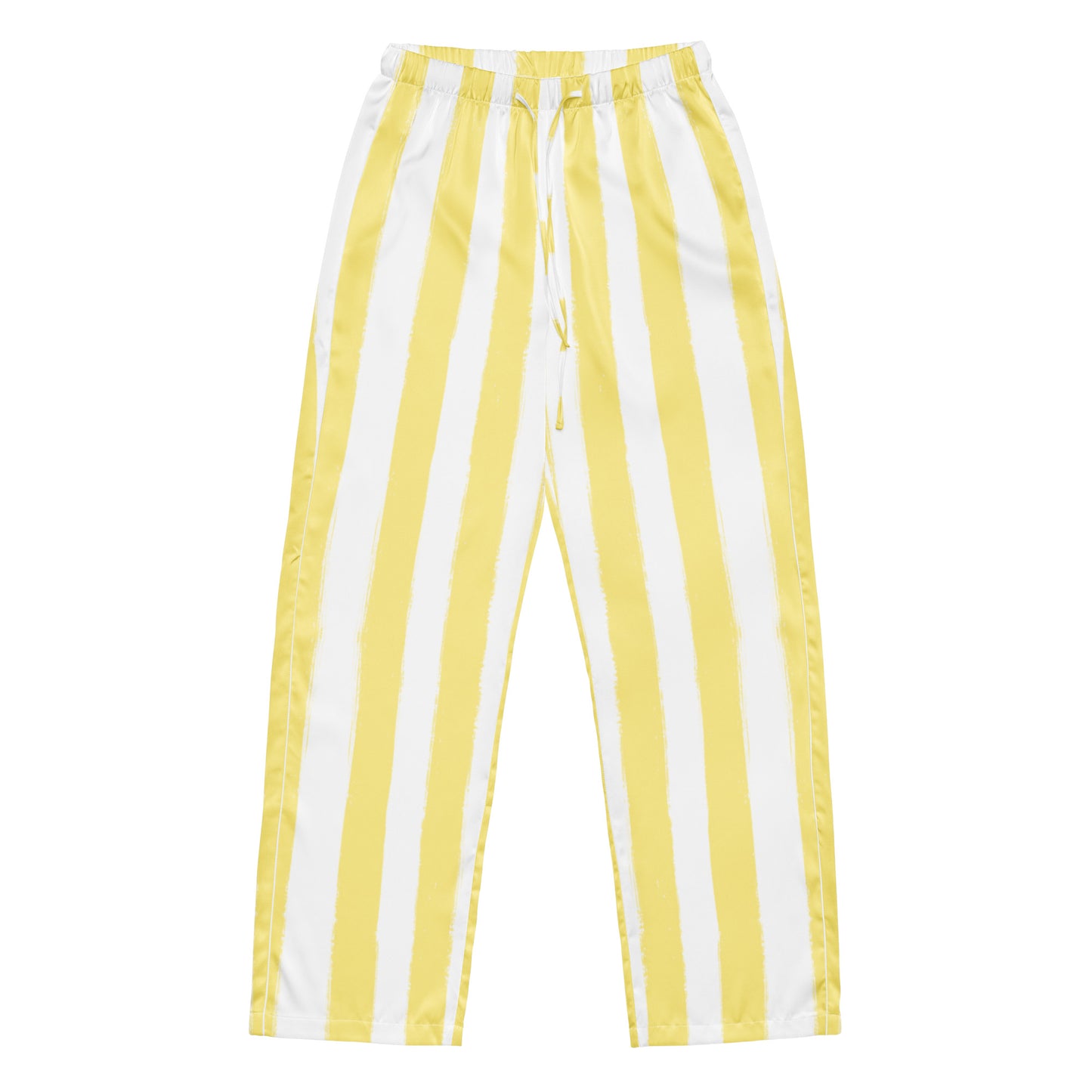 Flat lay of butter yellow striped pajama pants by Panther & Palm with elastic waistband and silky finish, ideal for stylish lounging.