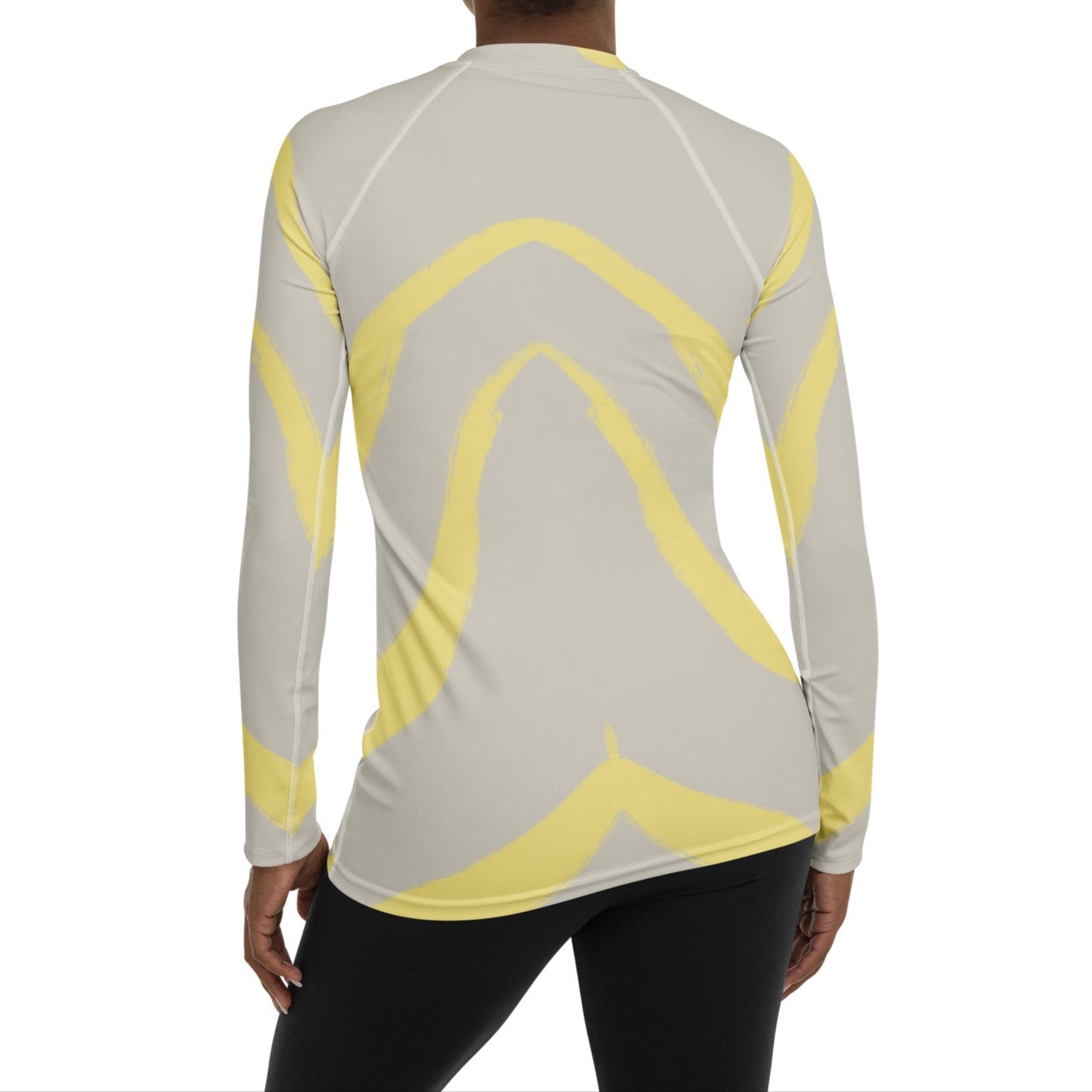 Back view of Panther & Palm butter yellow rash guard on model, showcasing UPF 50+ coverage, four-way stretch, and flattering seam design.