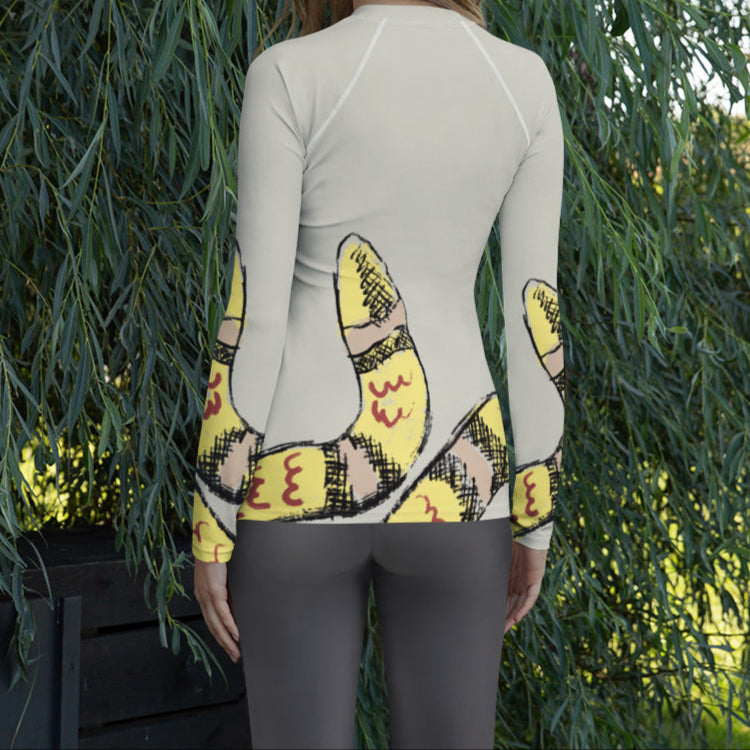 Neutral beige and yellow snake print long-sleeve top for women, built for movement, beachwear, and layering.