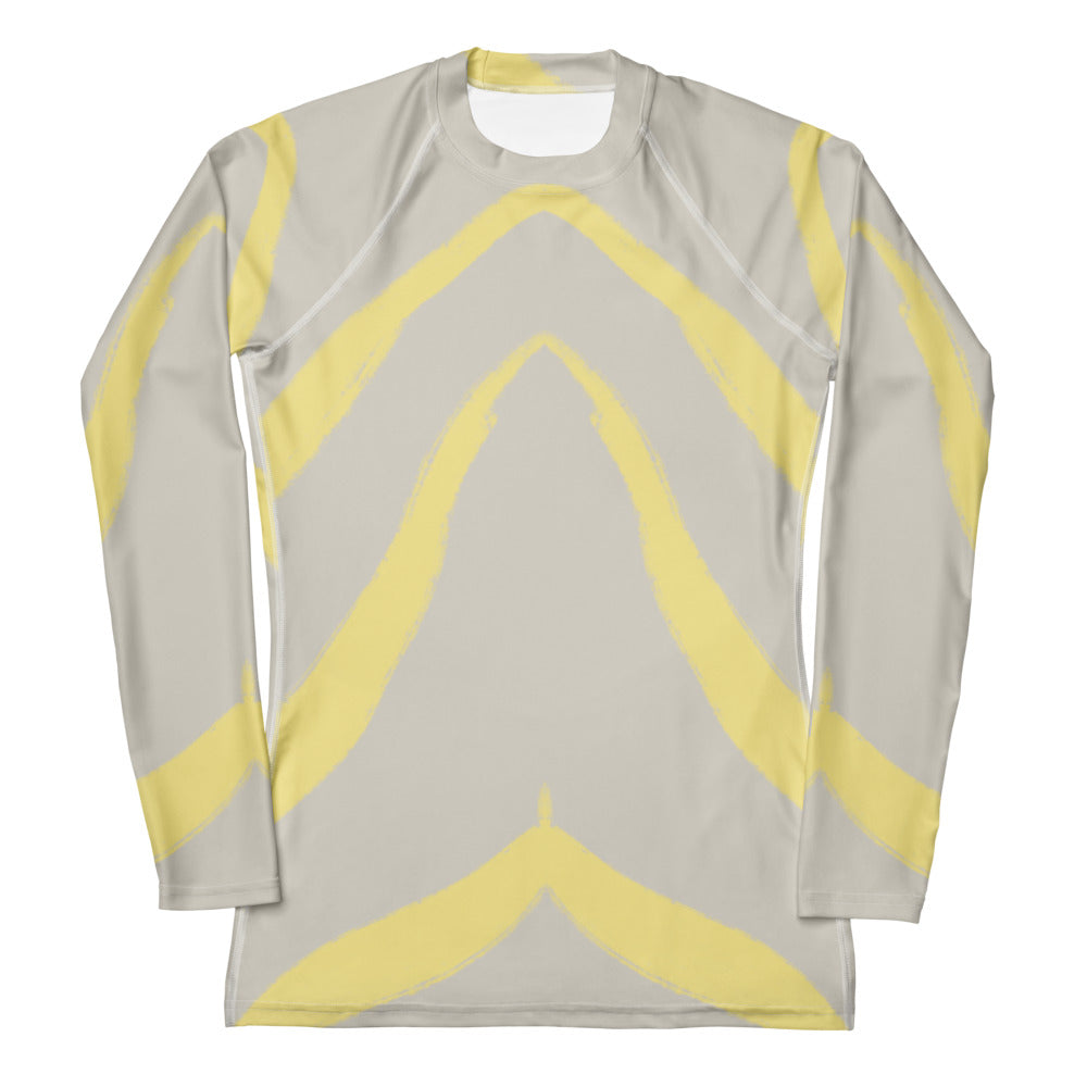 Panther & Palm women’s rash guard in butter yellow and beige, full front view with four-way stretch, ideal for surfing, yoga, and sun-safe sports.