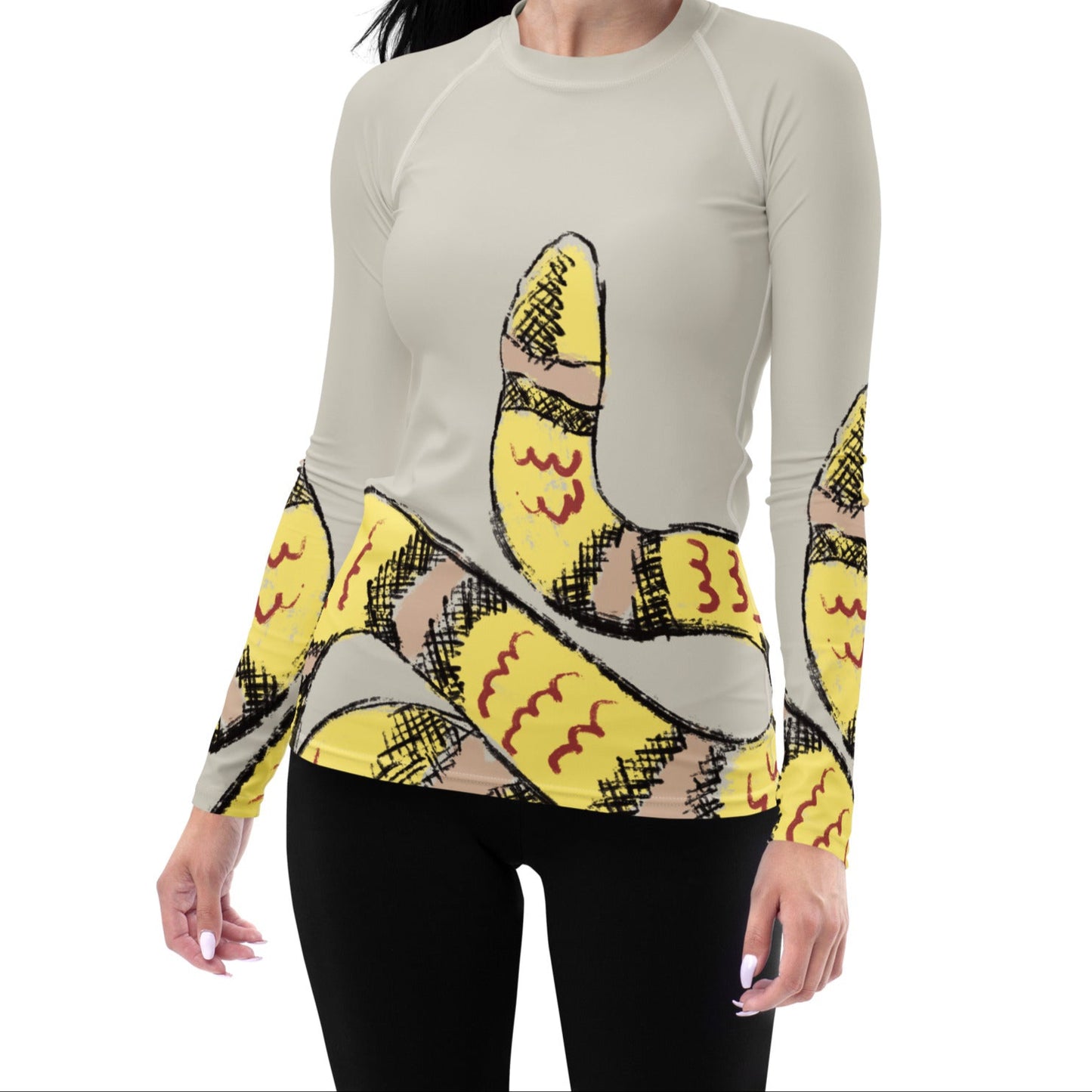 Front view of snake print UPF 50+ women’s rash guard in butter yellow, ideal for beach workouts and outdoor fitness.