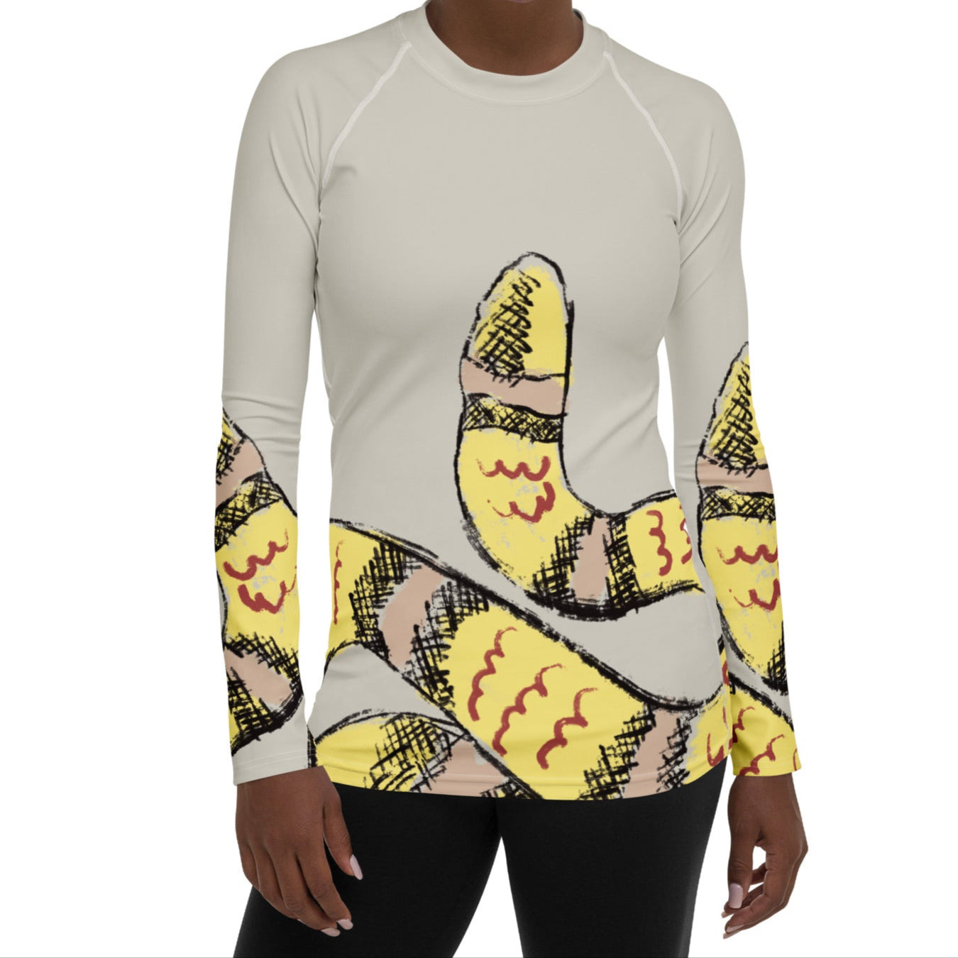 Front view of snake print UPF 50+ women’s rash guard in butter yellow, ideal for beach workouts and outdoor fitness.