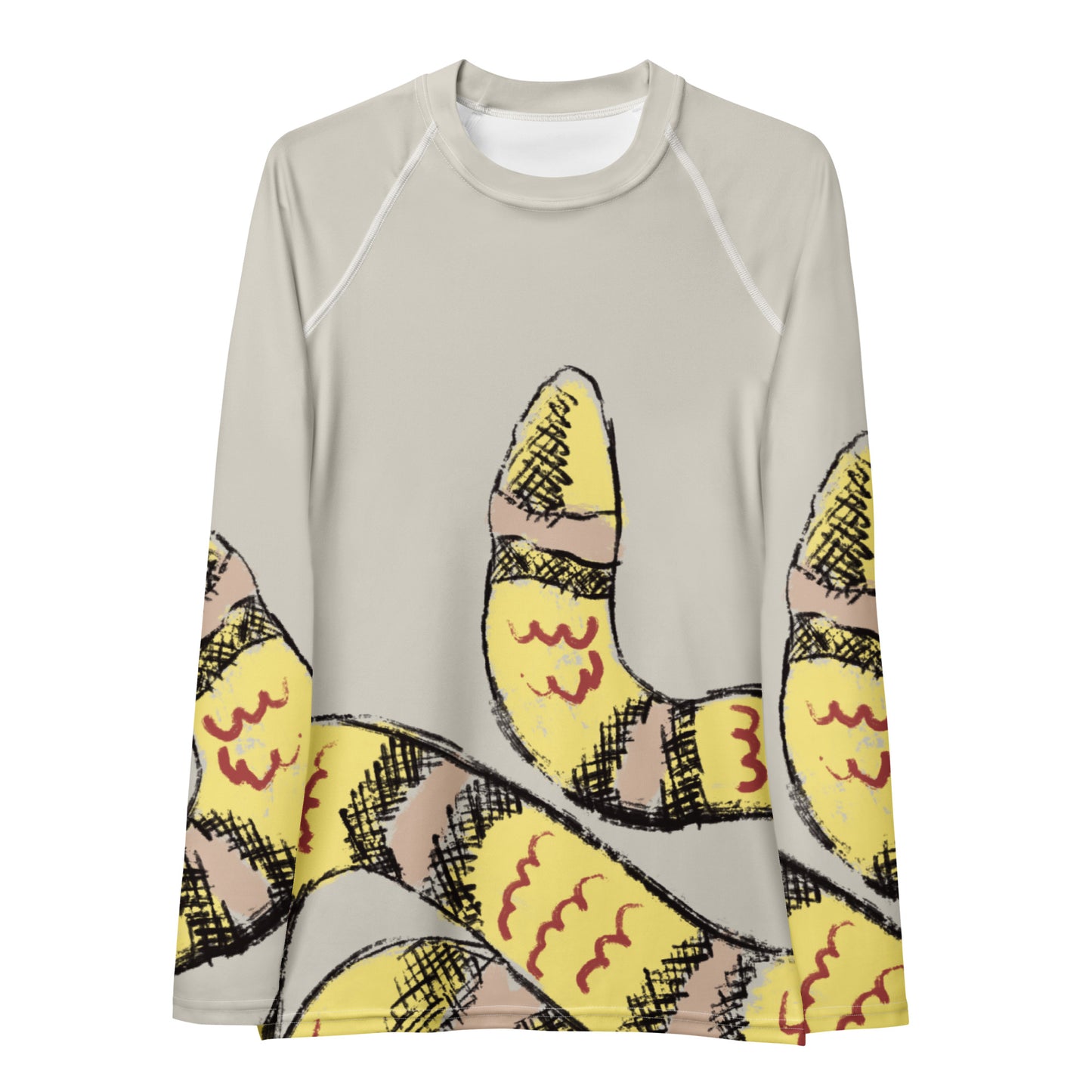 Front view of snake print UPF 50+ women’s rash guard in butter yellow, ideal for beach workouts and outdoor fitness.