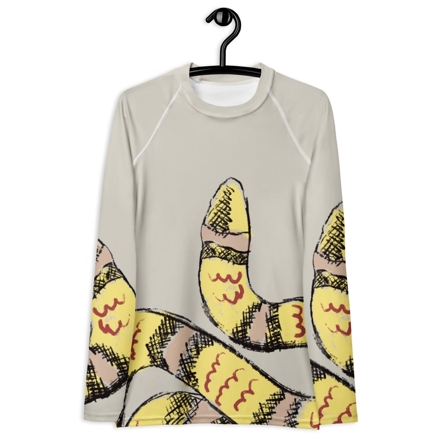 Front view of snake print UPF 50+ women’s rash guard in butter yellow, ideal for beach workouts and outdoor fitness.
