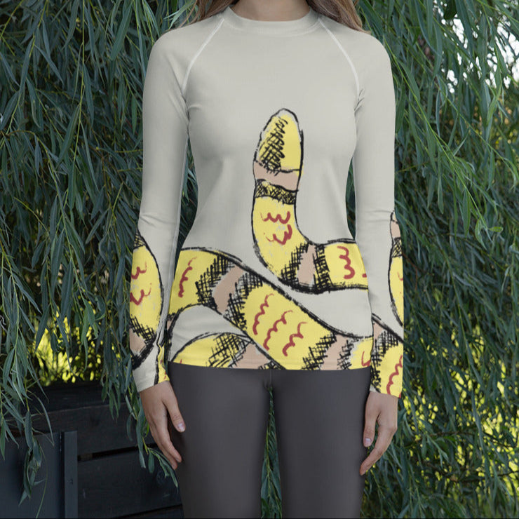 Neutral beige and yellow snake print long-sleeve top for women, built for movement, beachwear, and layering.