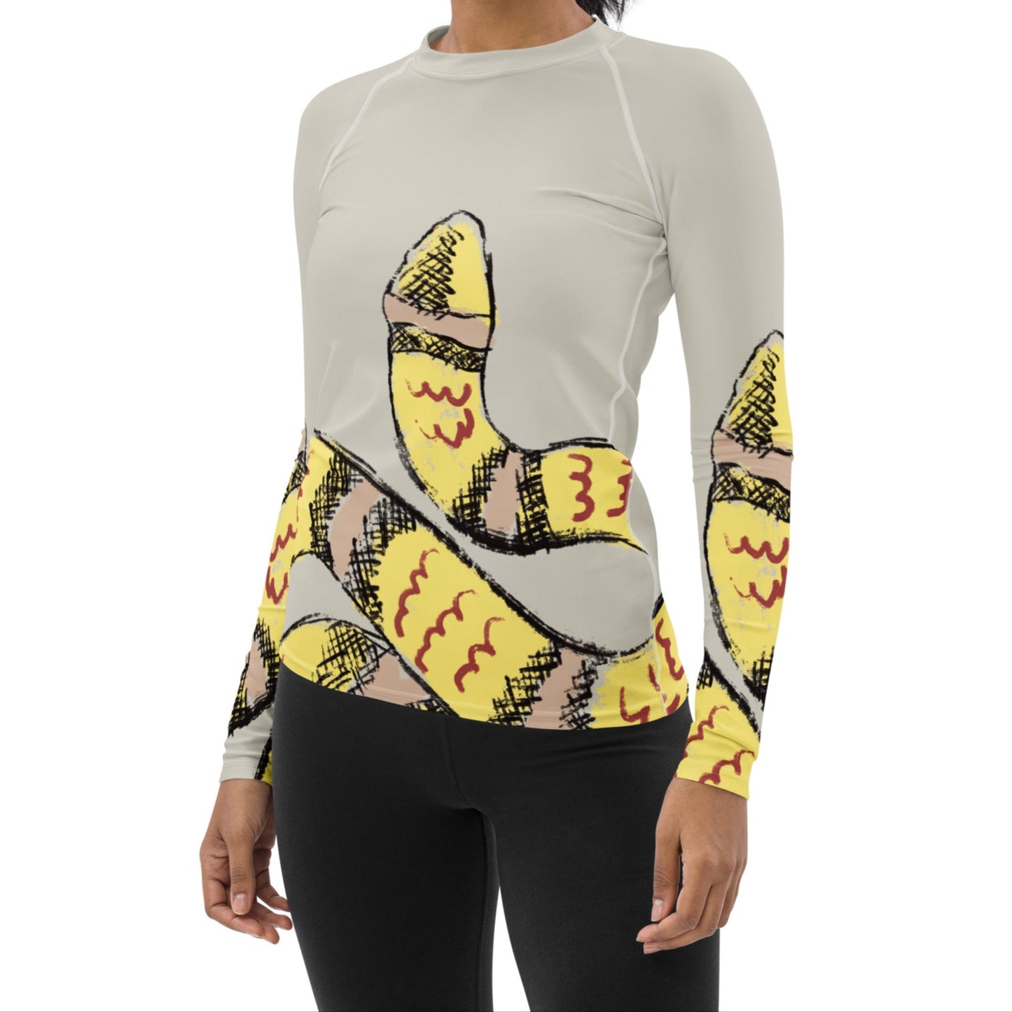 Neutral beige and yellow snake print long-sleeve top for women, built for movement, beachwear, and layering.