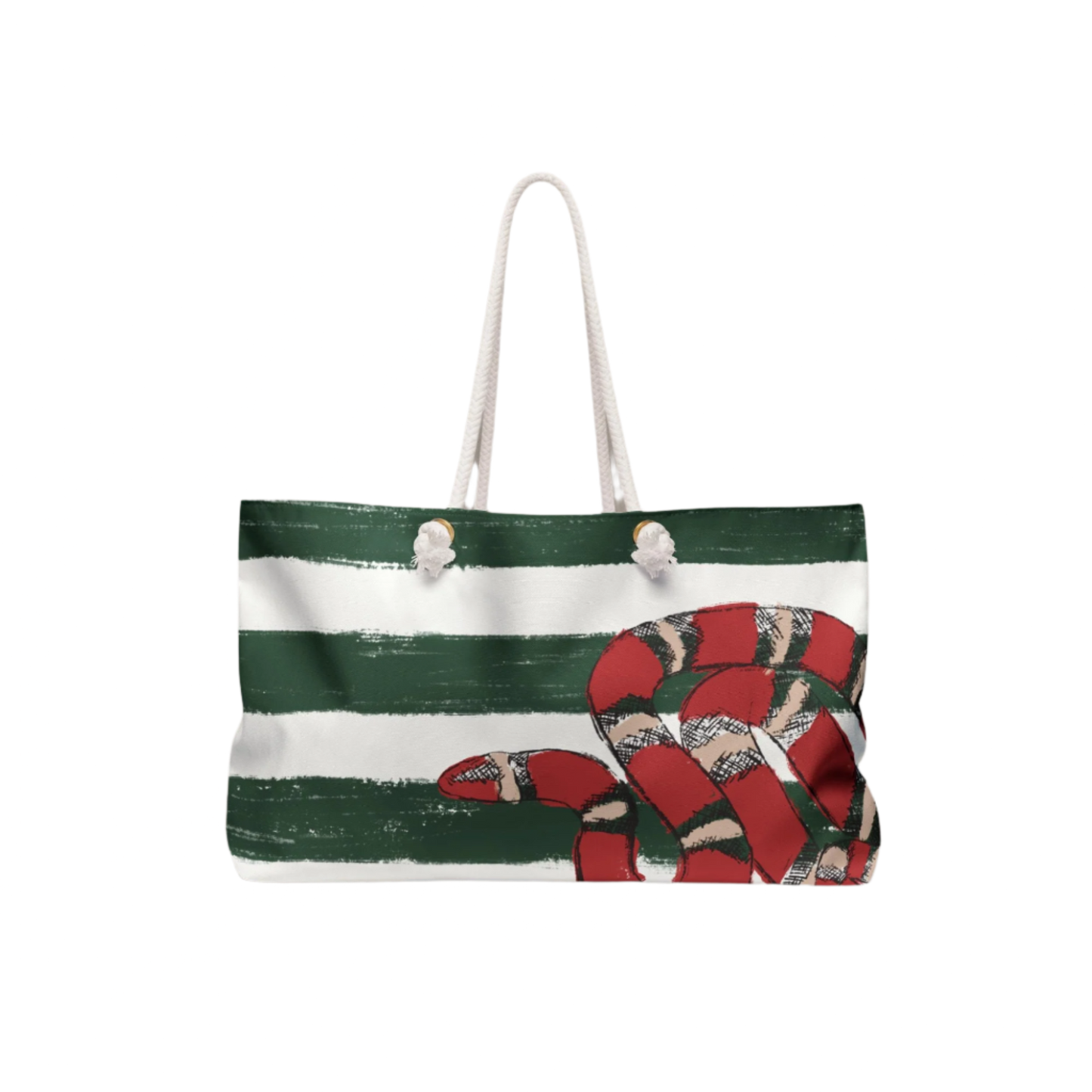 Front view of the Snake Stripe Weekender Bag featuring green Breton-style stripes and a hand-drawn red snake illustration, displayed against a neutral background with soft shadows.