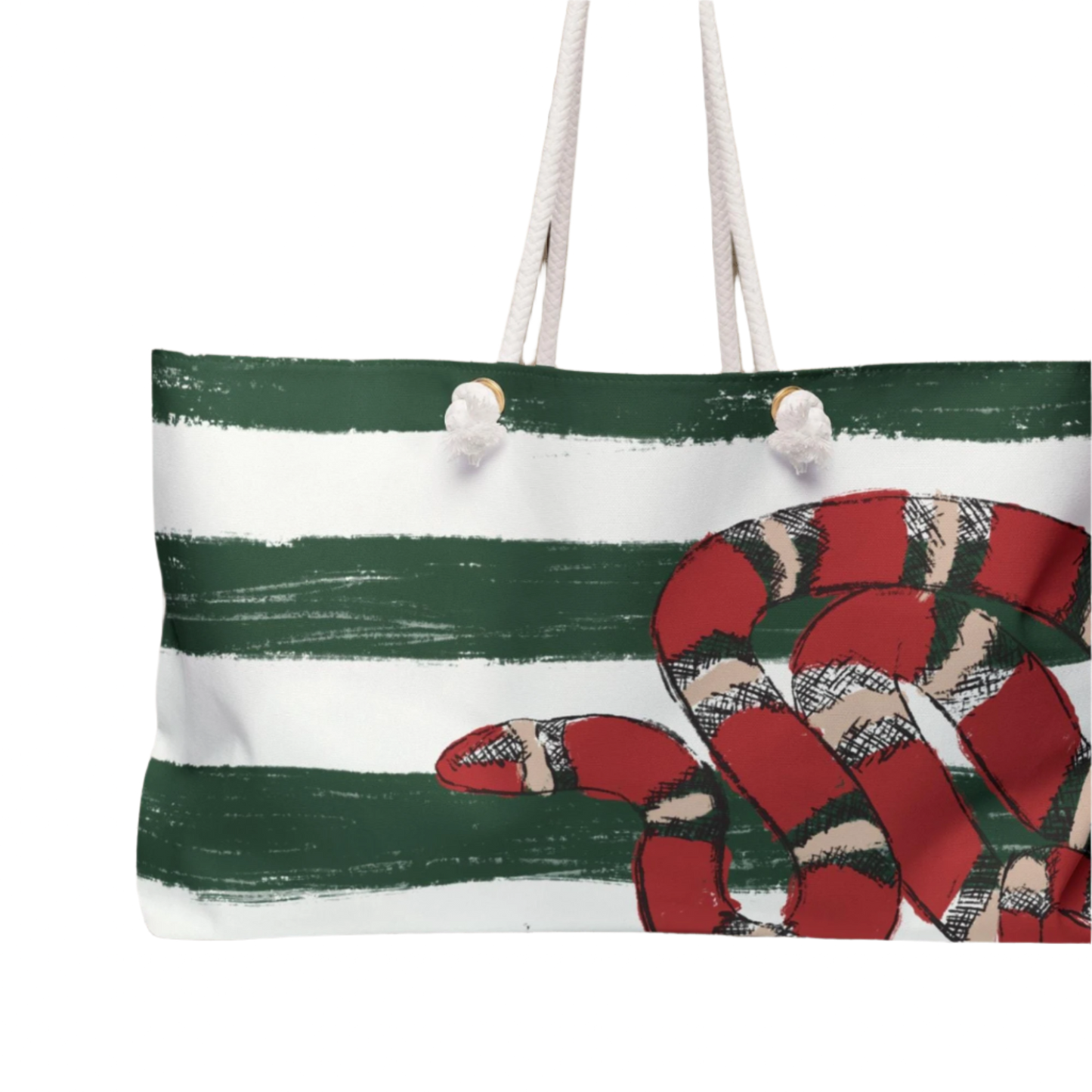 Close up of front view of the Snake Stripe Weekender Bag showcasing bold green and white stripes and the detailed red snake artwork.