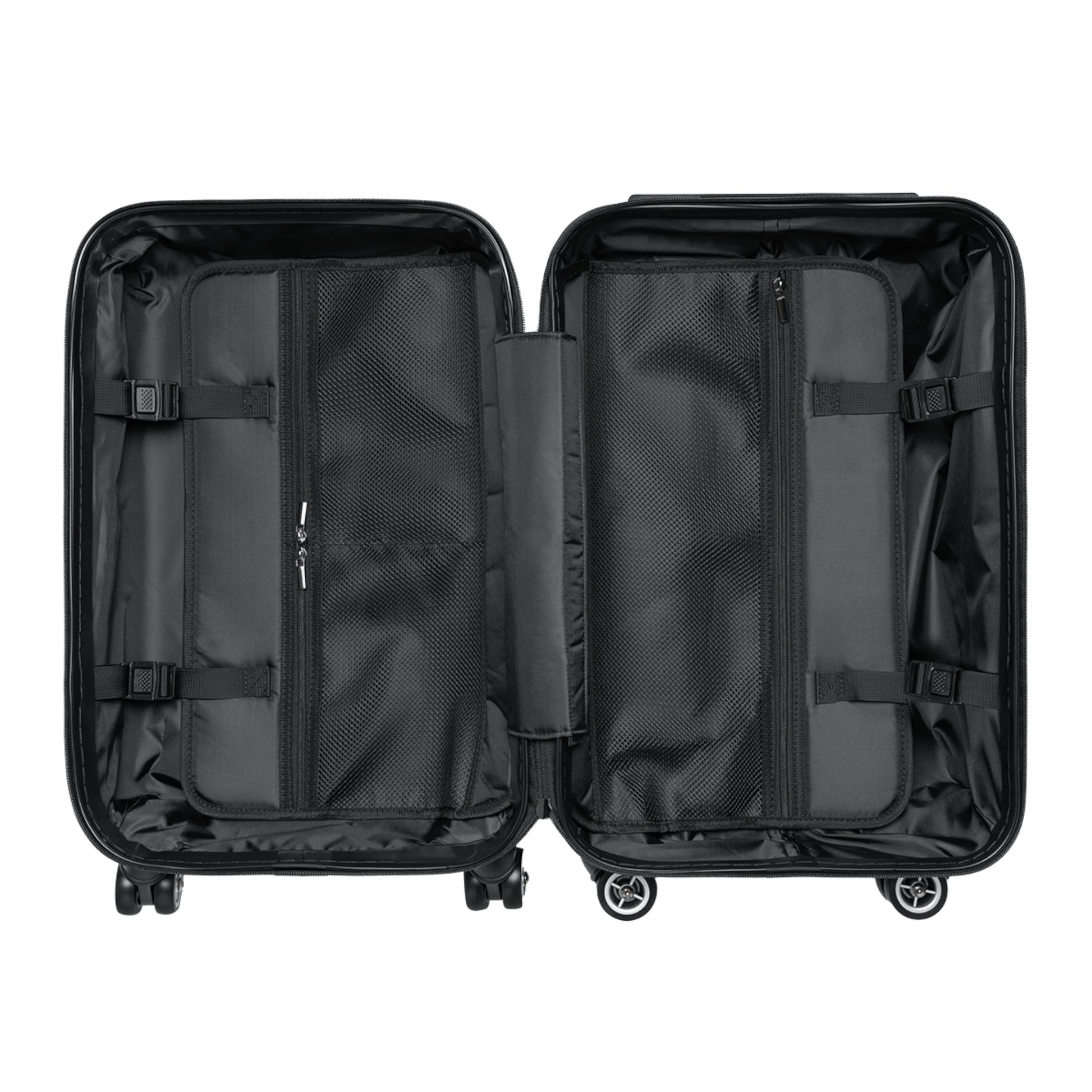 Interior of Panther & Palm giraffe print suitcase featuring zippered mesh compartments and adjustable packing straps for organized travel.