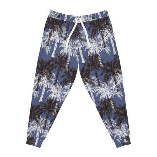 Palm Tree Athletic Joggers in Blue White and Black Print