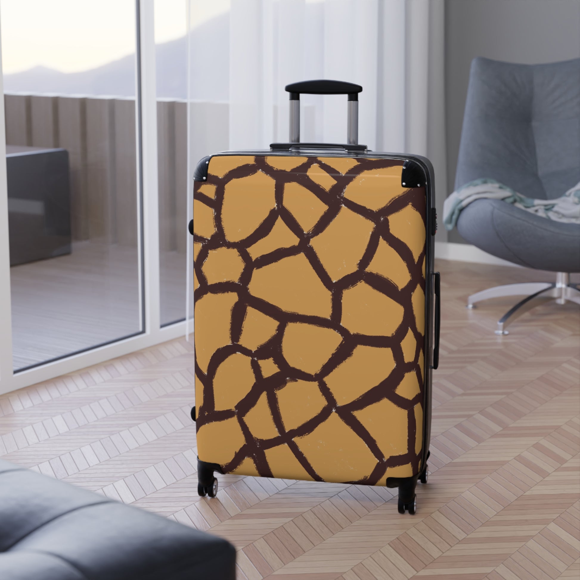 Giraffe print carry-on spinner suitcase with telescopic handle and 360° wheels, designed by Panther & Palm.