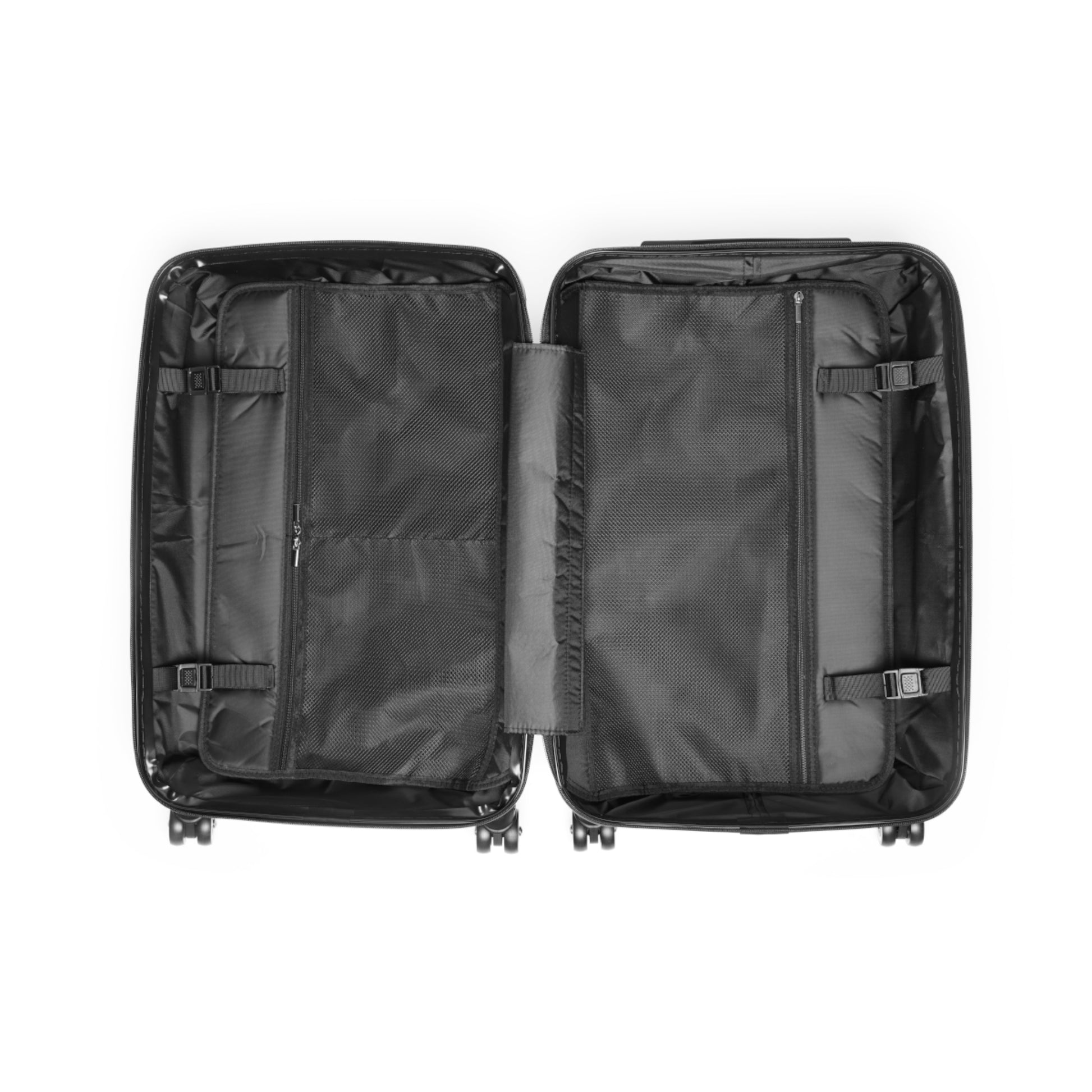 Close-up of suitcase interior showcasing dual compartments with mesh dividers and elastic cross straps.