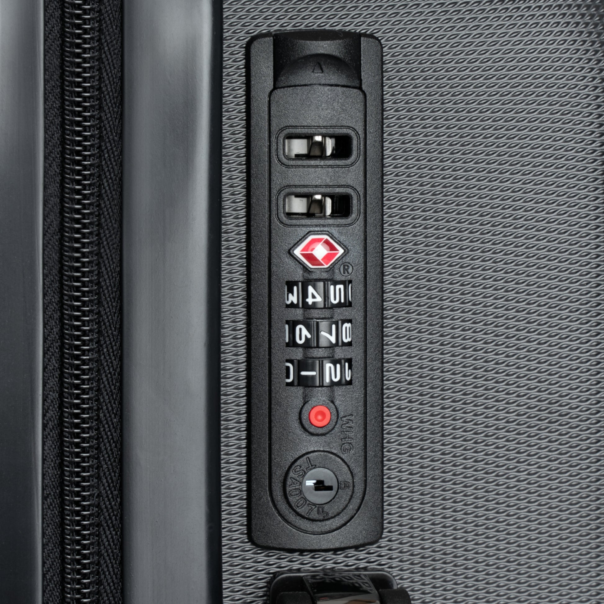 Built-in TSA-approved combination lock on Panther & Palm giraffe print luggage ensuring travel security.