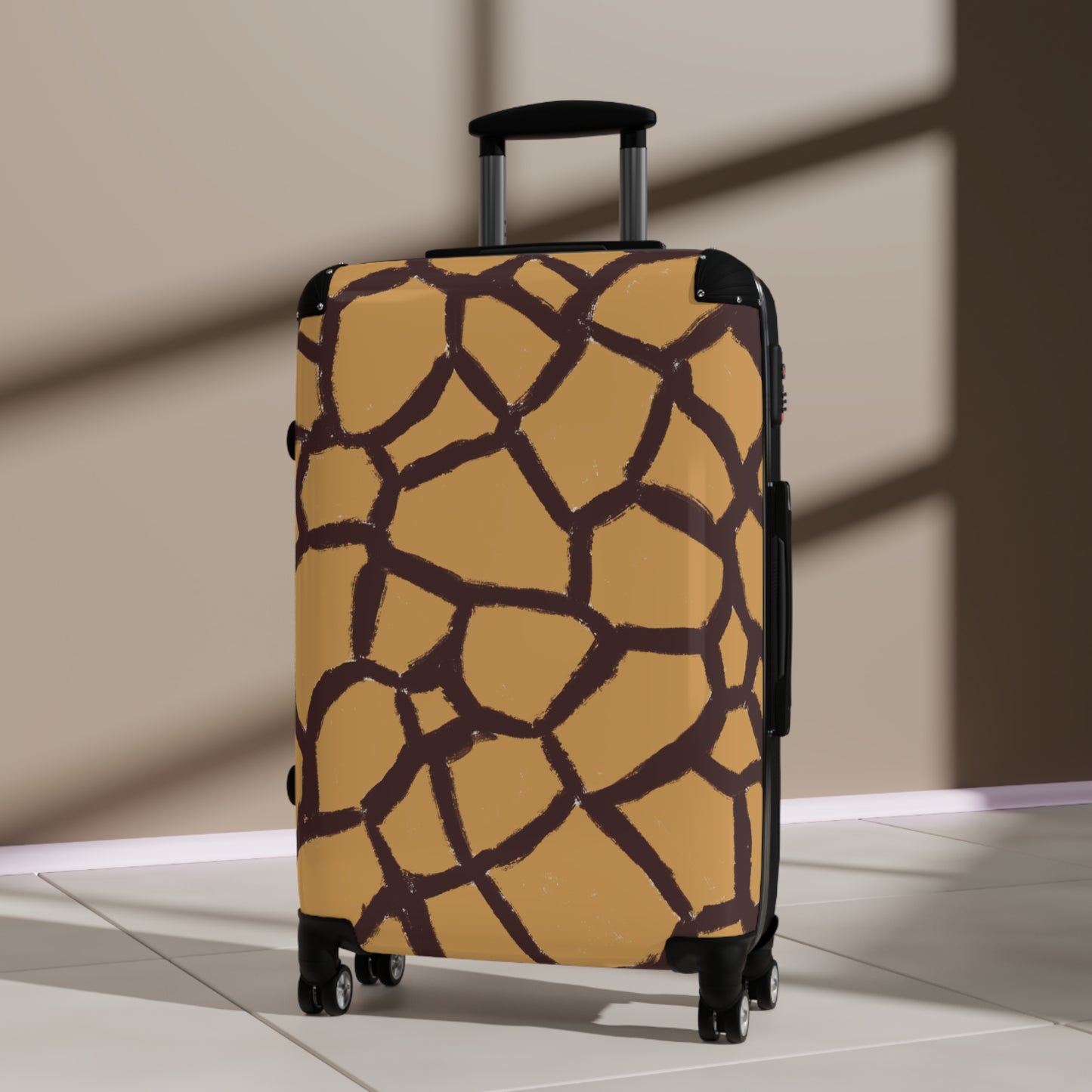 Giraffe print medium hard shell durable Panther & Palm suitcase with telescopic handle and 360° wheels in natural light. 