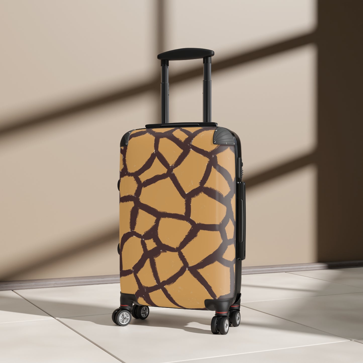 Panther & Palm giraffe print small carry-on durable hard-shell spinner suitcase in natural light. 