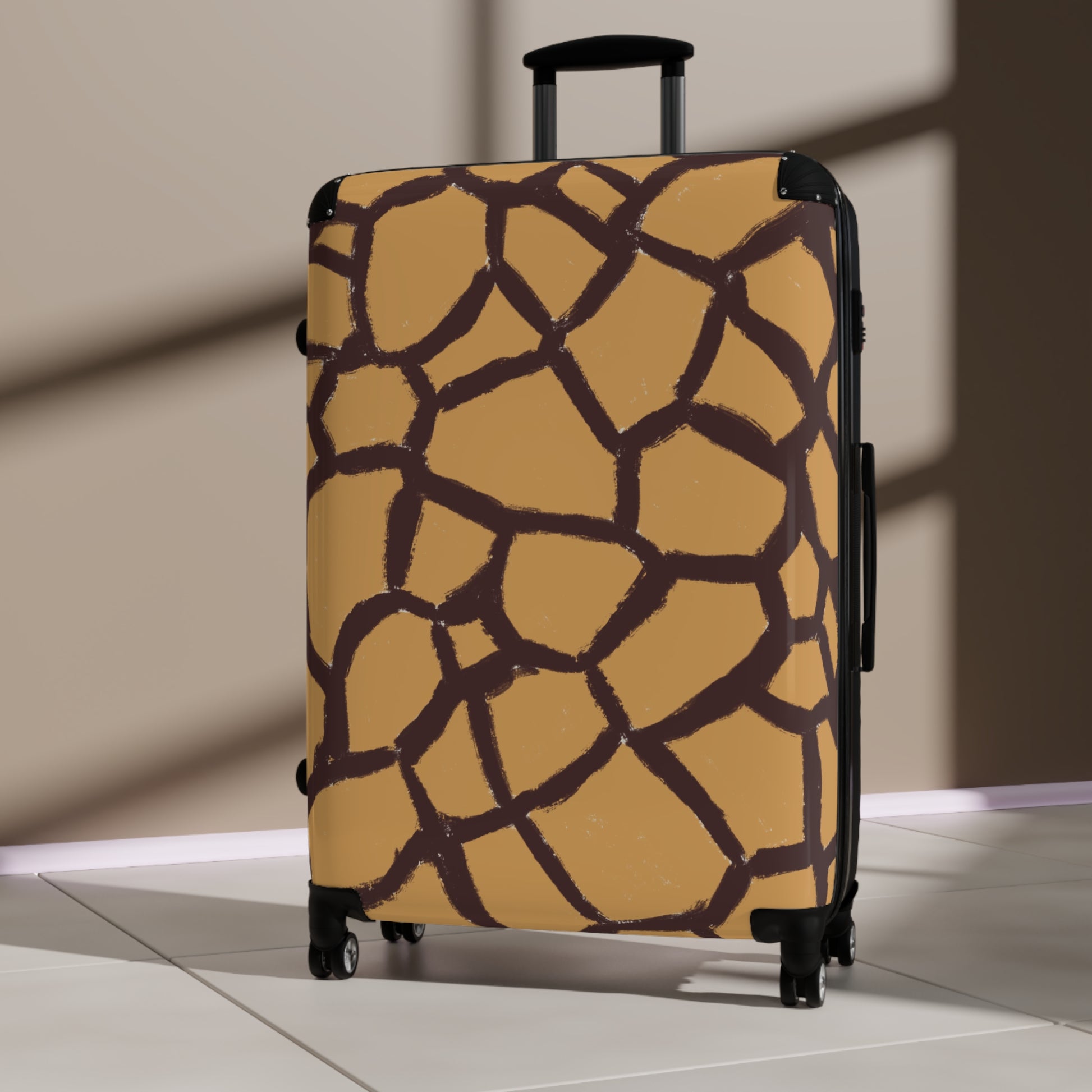 Giraffe print carry-on spinner suitcase with telescopic handle and 360° wheels, designed by Panther & Palm.