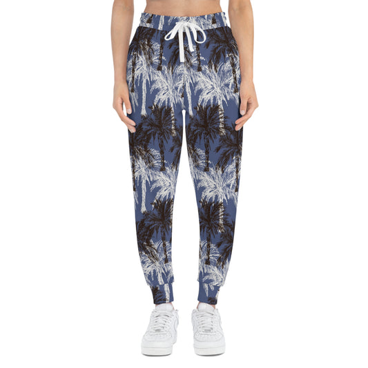 Palm Tree Athletic Joggers in Blue White and Black Print