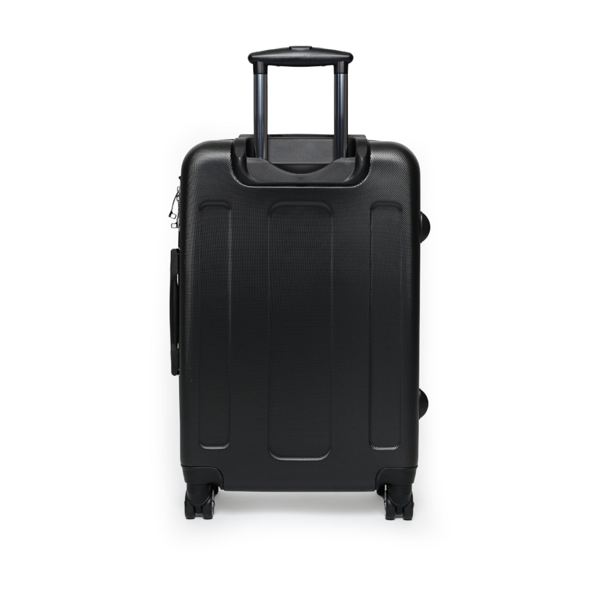 Rear view of medium giraffe pattern spinner luggage highlighting reinforced corners and smooth-glide wheels.