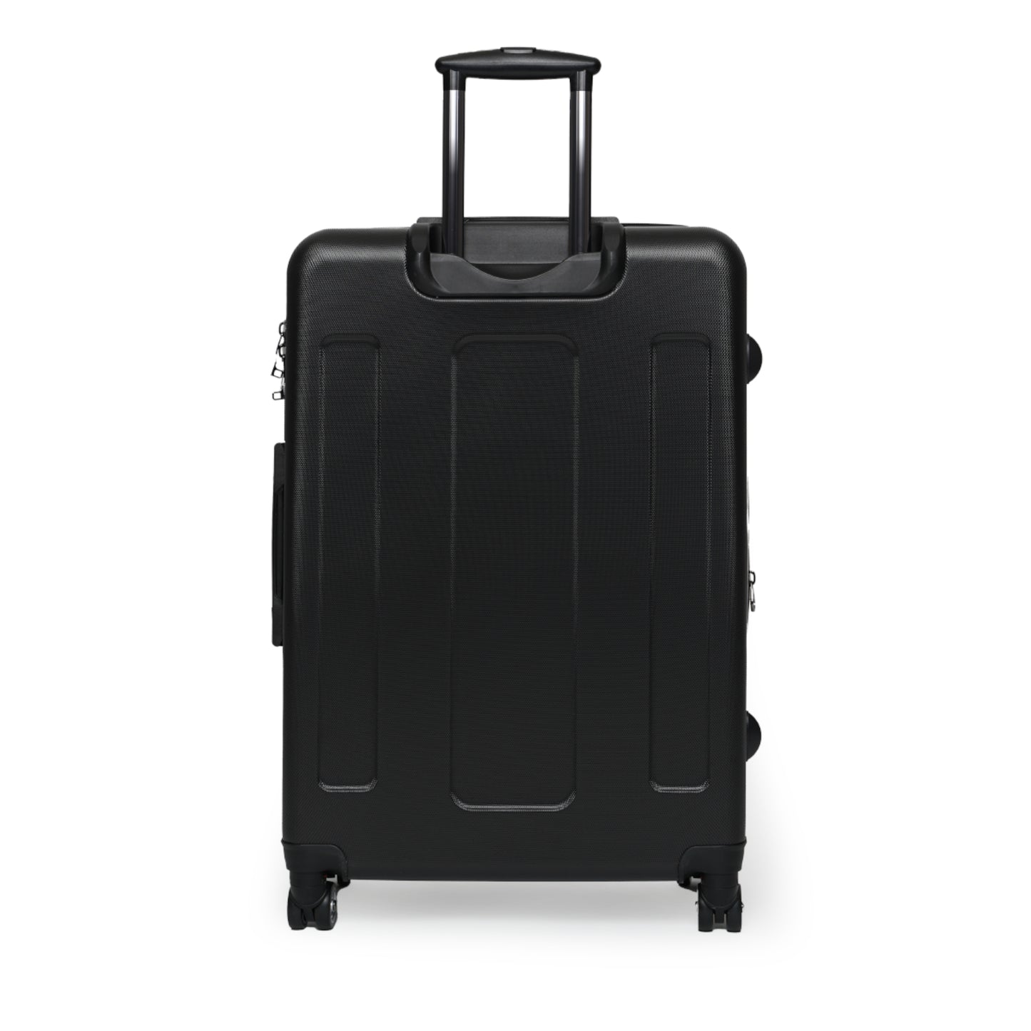 Rear view of large giraffe pattern spinner luggage highlighting reinforced corners and smooth-glide wheels.