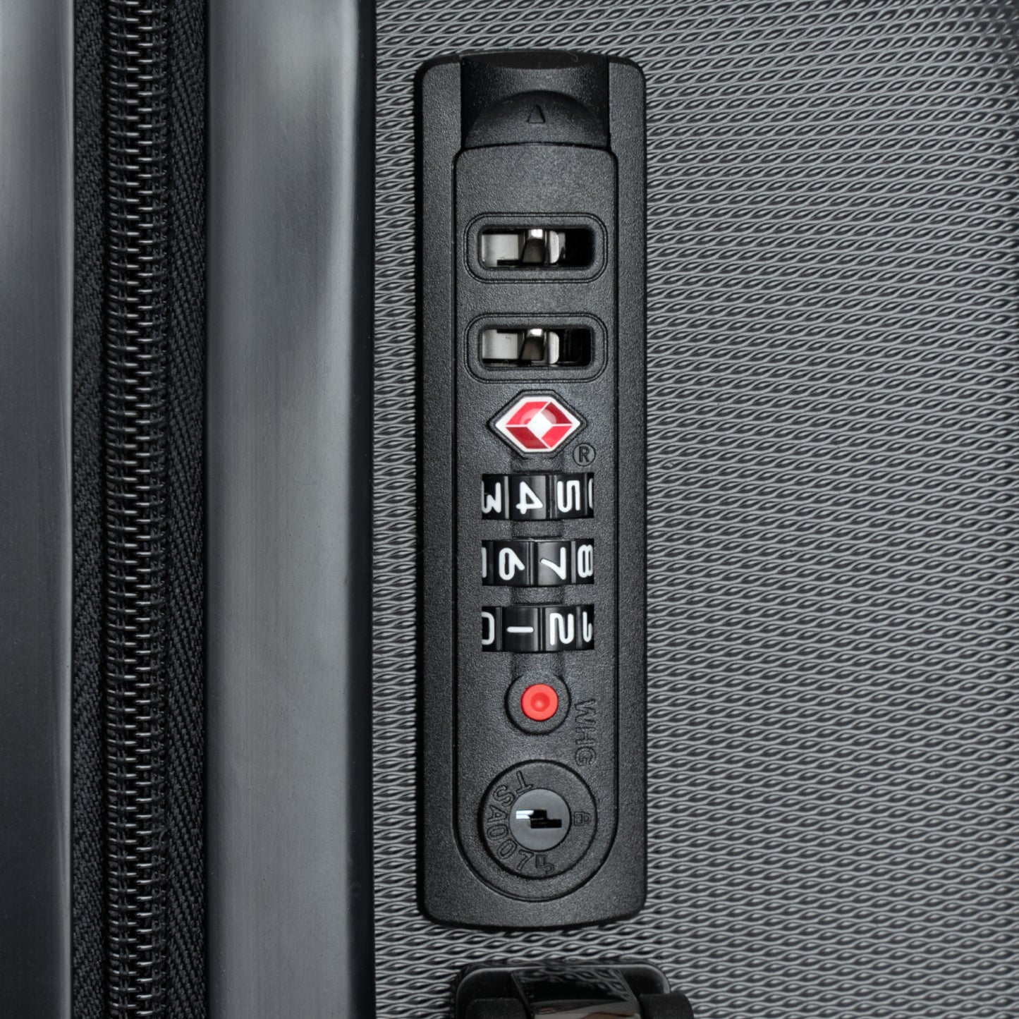 Built-in TSA-approved combination lock on Panther & Palm giraffe print luggage ensuring travel security.