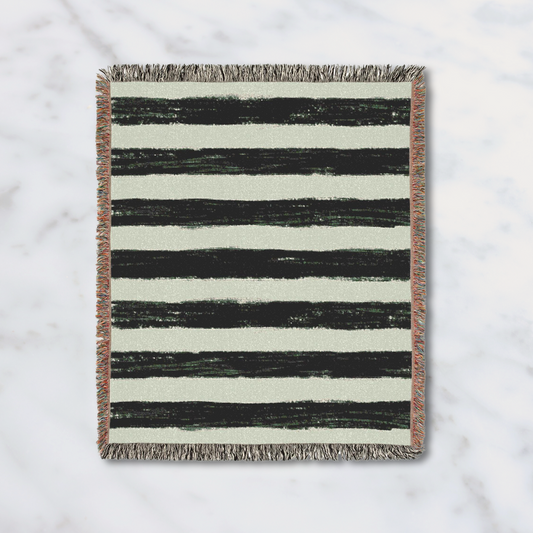 Striped Green and White Cozy Woven Blanket, Cotton Throw Blanket, Home Decor, Gift for Her, Bedroom Accessory