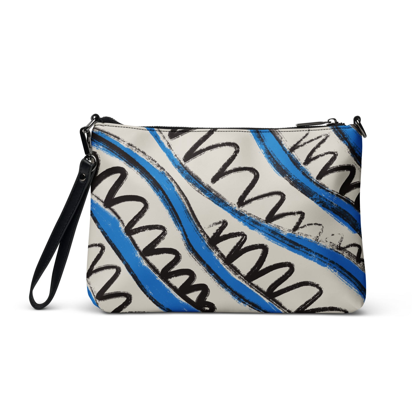 Back view of Blue and white tropical stripe crossbody bag in vegan leather with black wrist strap and zip closure.