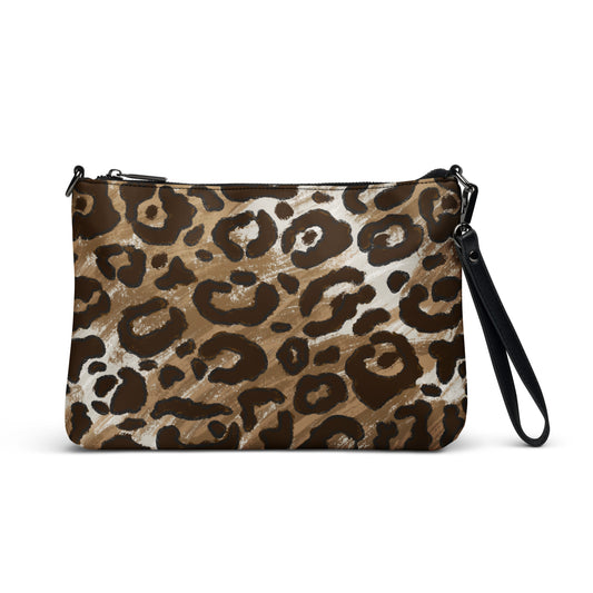 Front view of vegan leather animal print wristlet crossbody bag by Panther & Palm – zip closure and sleek silhouette