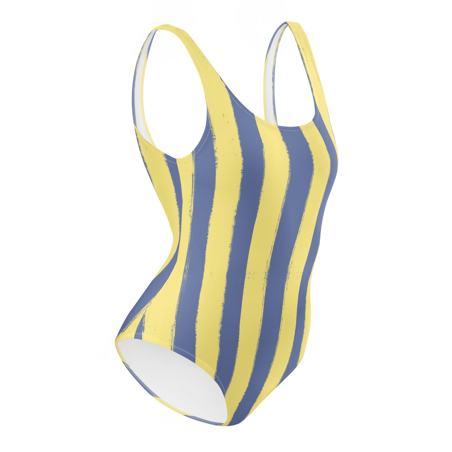 Panther & Palm striped one-piece swimsuit product features: four-way stretch, moisture-wicking fabric, double-layered front, and UPF 50+ sun protection.