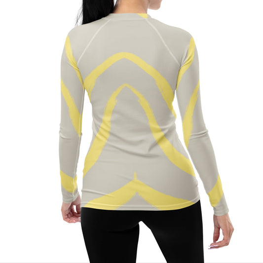 Back view of Panther & Palm butter yellow rash guard on model, showcasing UPF 50+ coverage, four-way stretch, and flattering seam design.